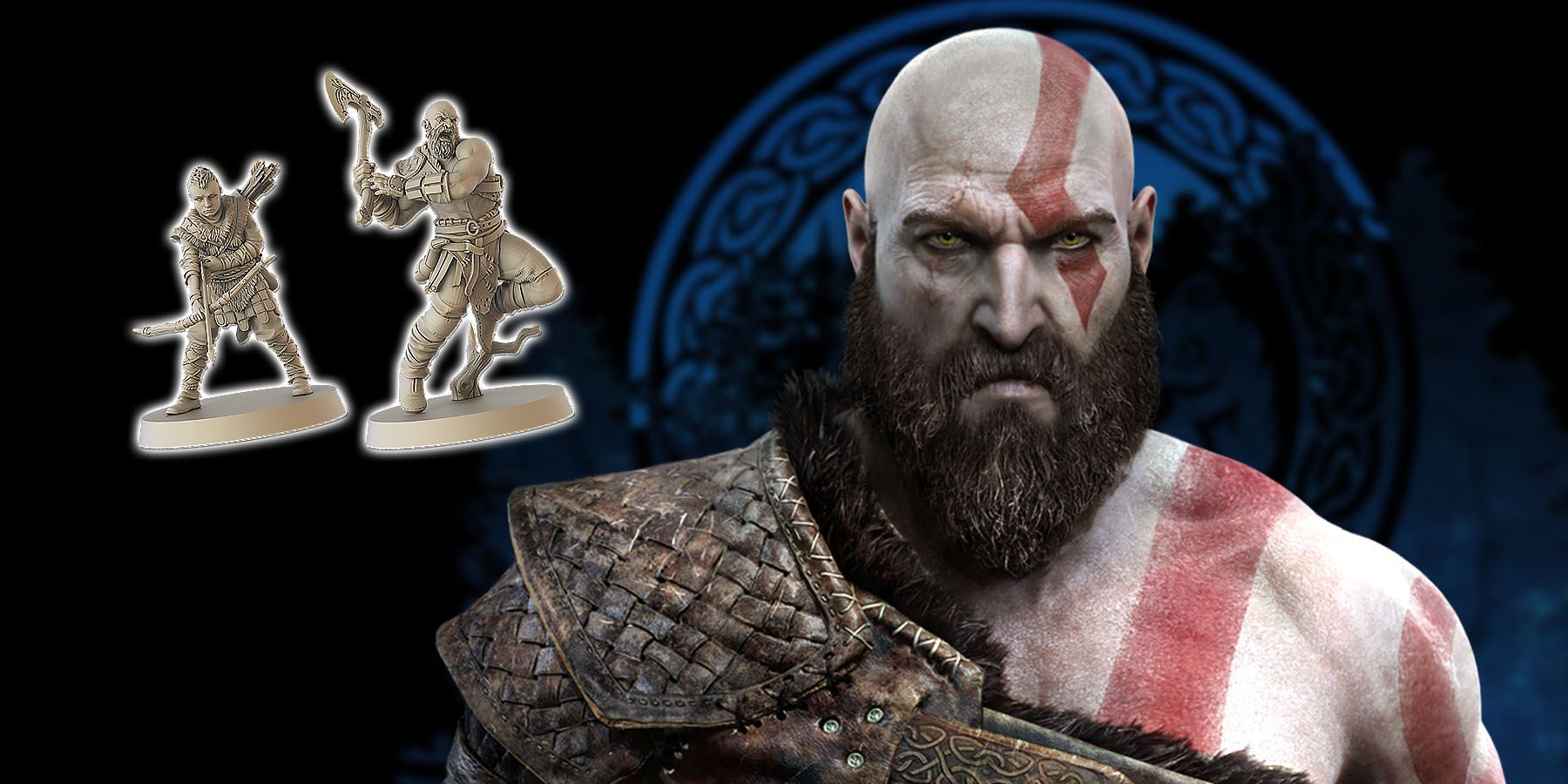 God of War board game pieces against Kratos and a black and blue background