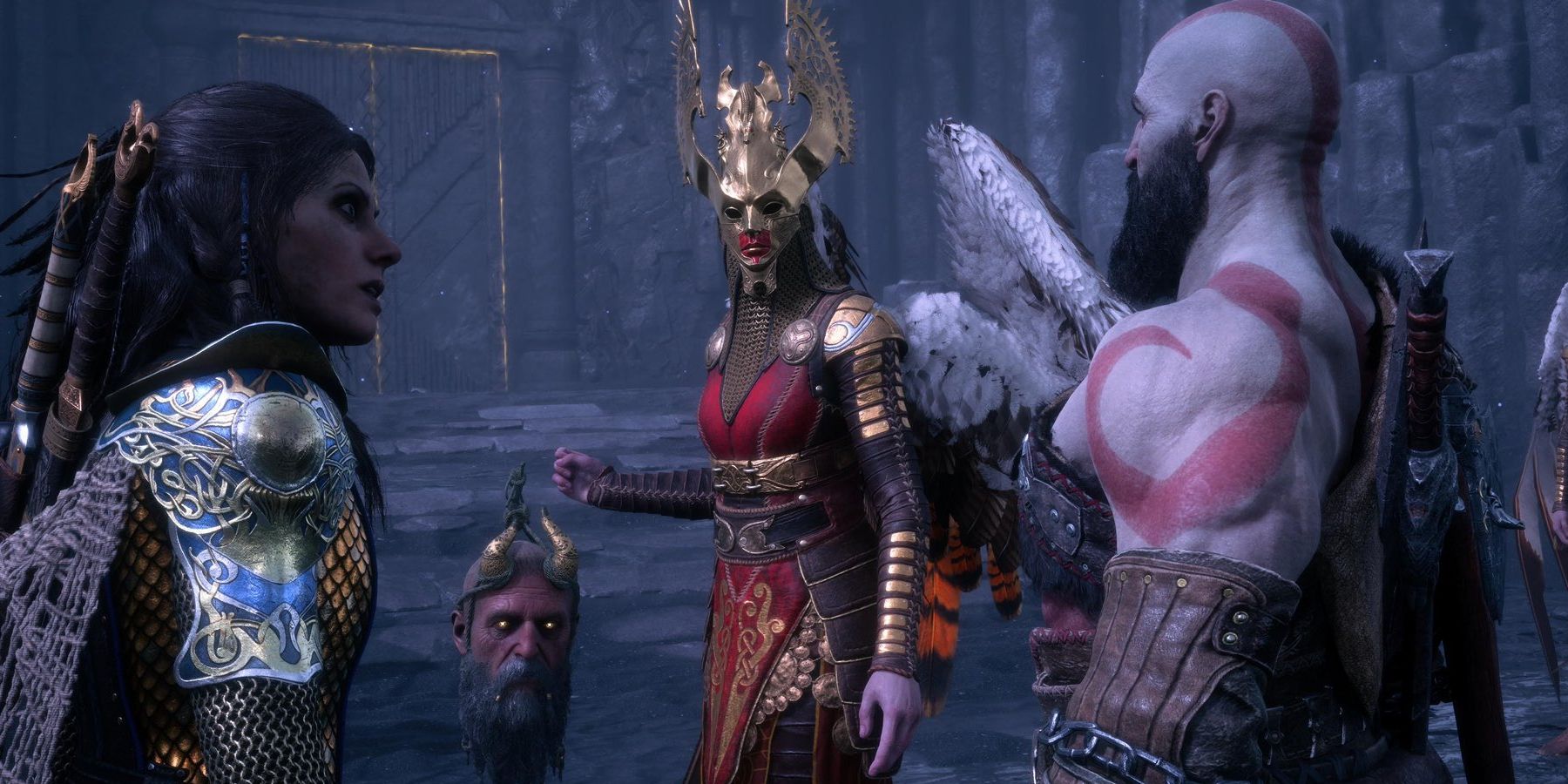 God of War Ragnarok Valhalla Kratos Mimir Freya and Sigrun