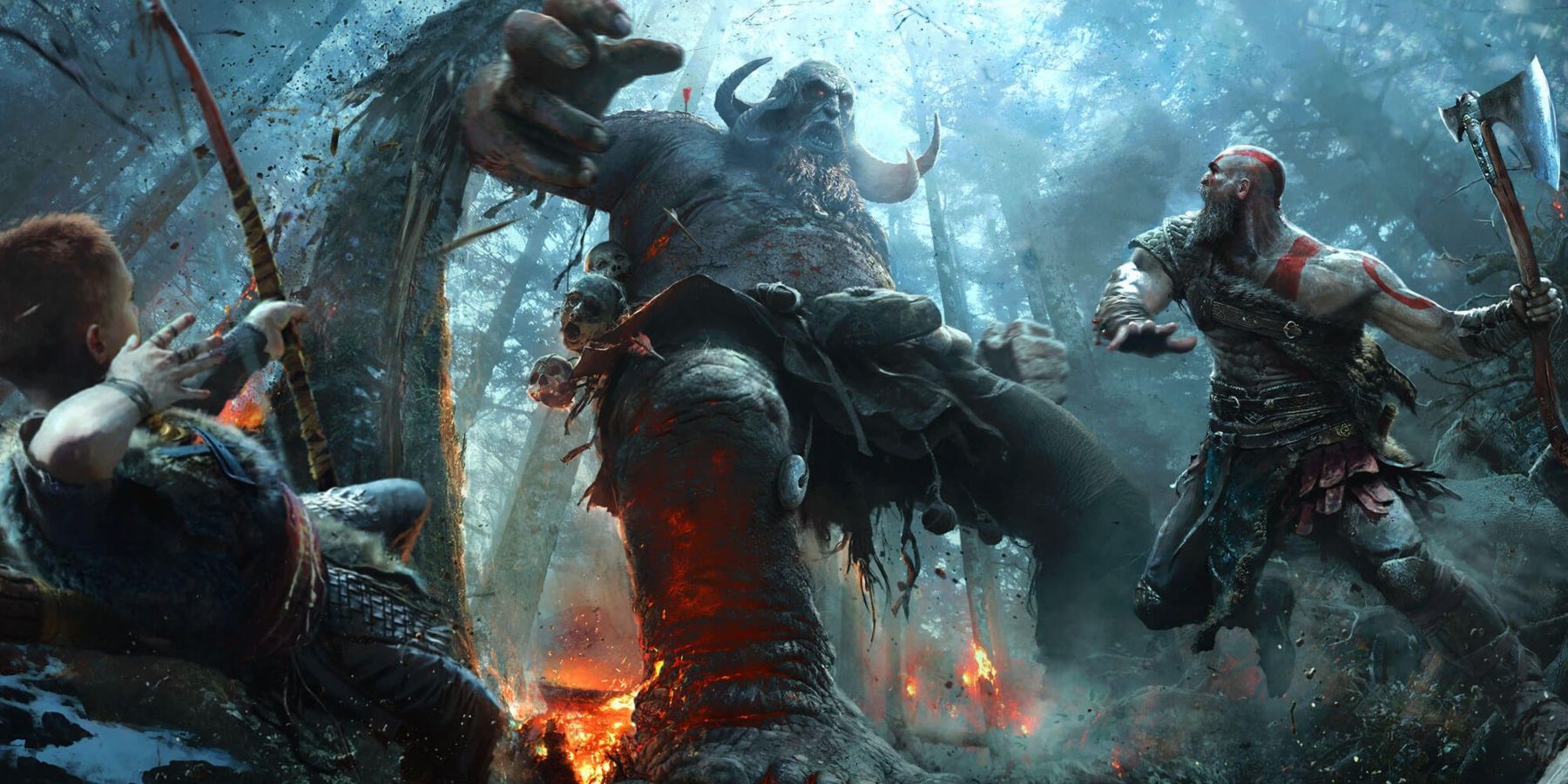 Kratos and atreus fighting a troll