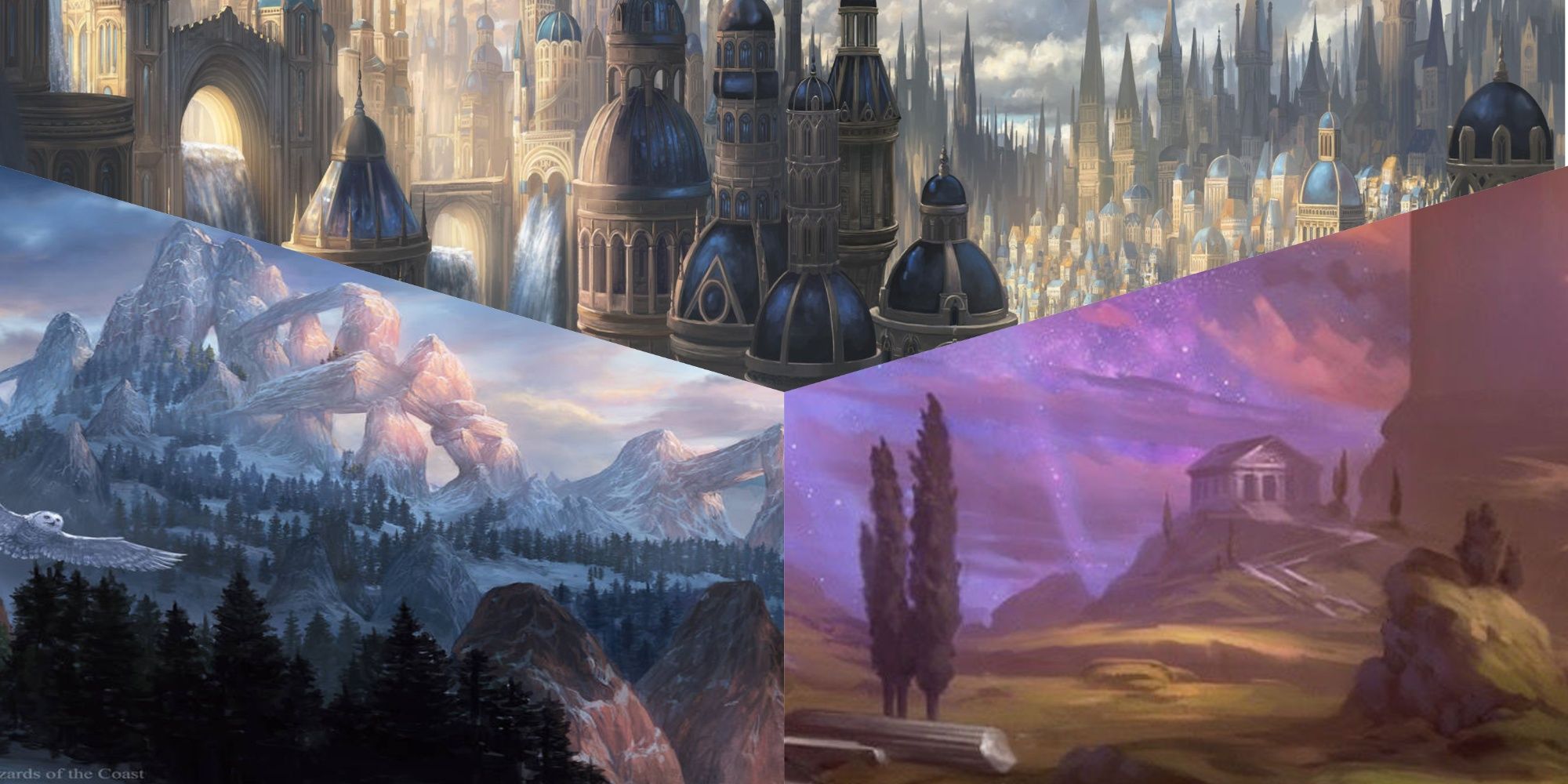 3 images: on the left is a snowy mountain with pine forests in front of it, on the right is a temple next a mountain with stars whirling overhead, and at tht top there is a city of regal blue domes with waterfalls under archways