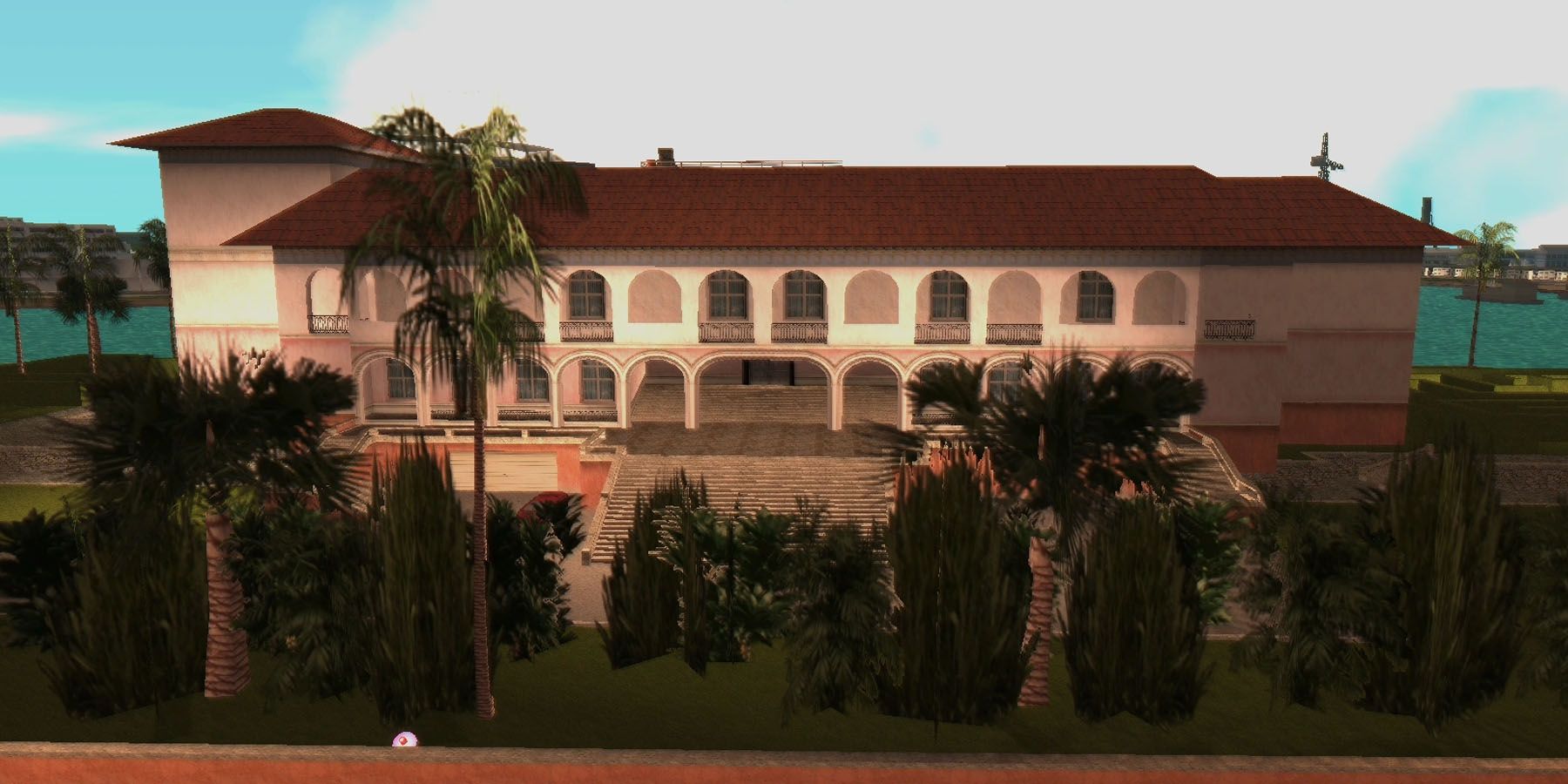 A screenshot of Tommy Vercetti's mansion from Grand Theft Auto: Vice City.