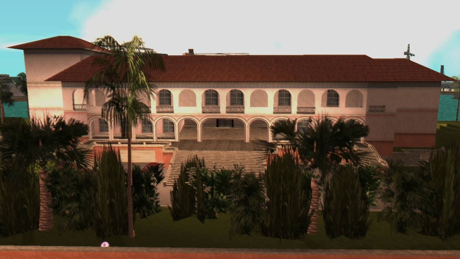 A screenshot of Tommy Vercetti's mansion from Grand Theft Auto: Vice City.