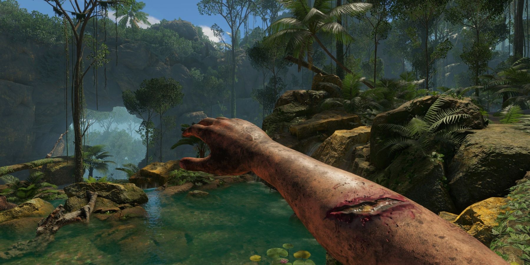 The player's arm, which has a gash in it, reaching out over a lake in the rainforest in Green Hell