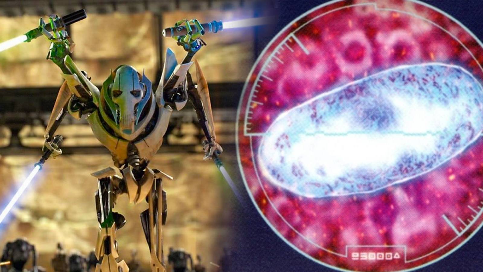 General Grievous in Star Wars: Episode III: Revenge of the Sith and an image of a midi-chlorian or midichlorian