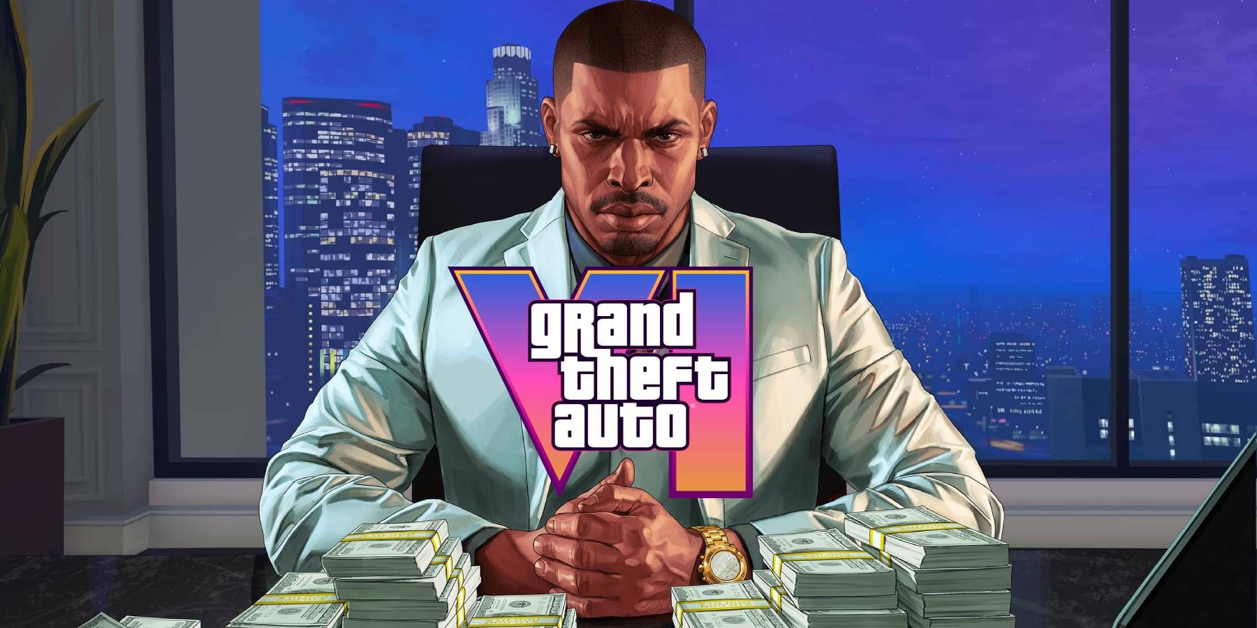 Executive from Grand Theft Auto Online with the logo for Grand Theft Auto 6