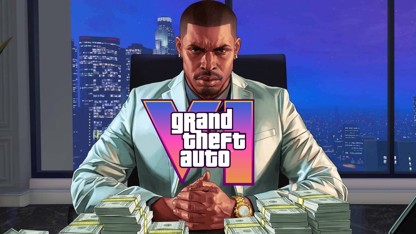 Executive from Grand Theft Auto Online with the logo for Grand Theft Auto 6