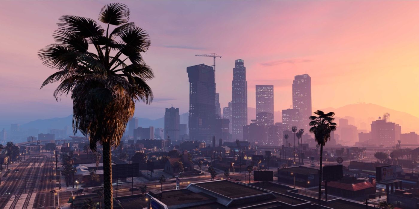 Coucher de soleil sur la ville de GTA V Los Santos avec palmier en premier plan