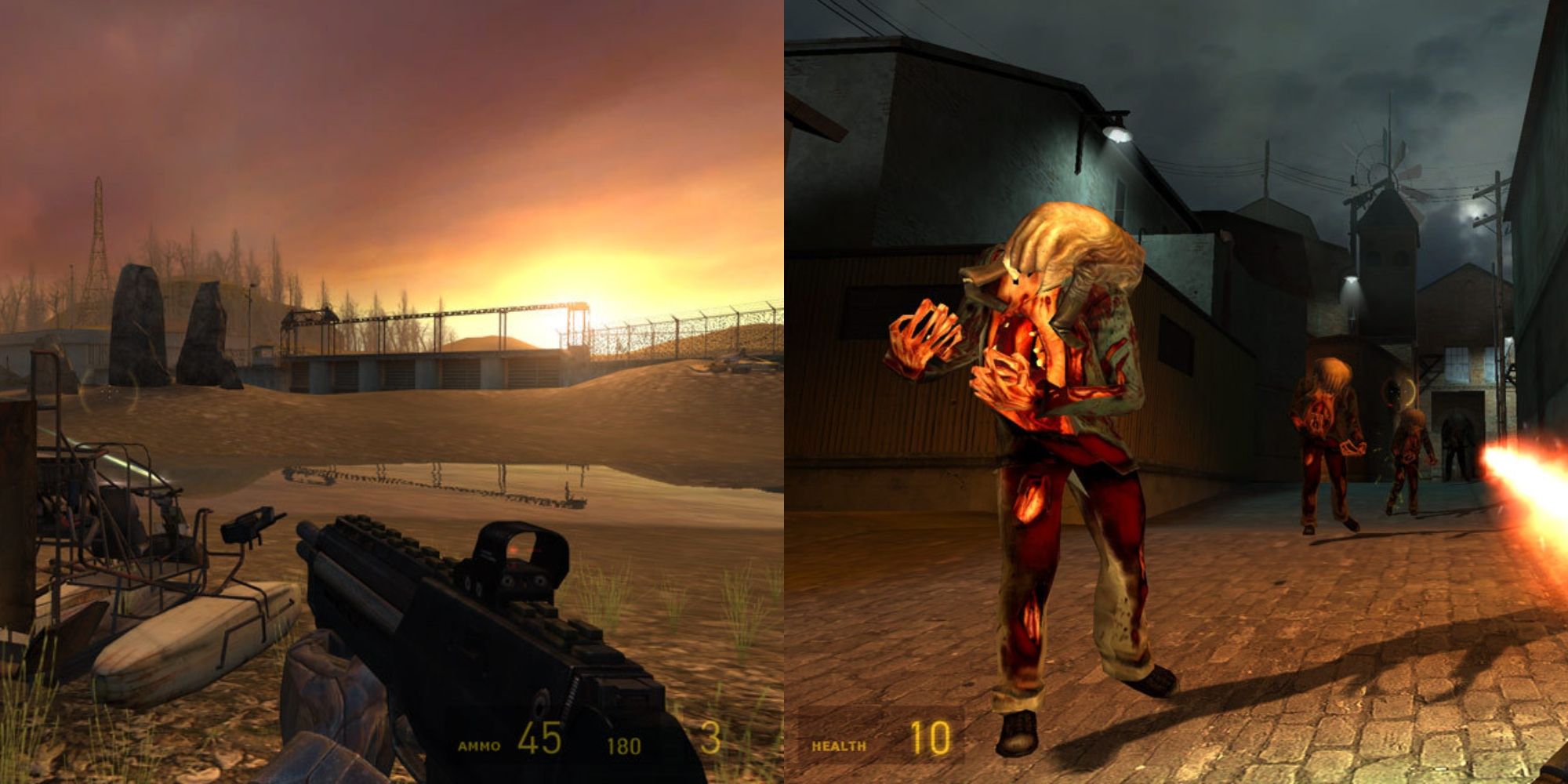 Half-Life 2 looking out over a sunset beside enemies shambling towards the player