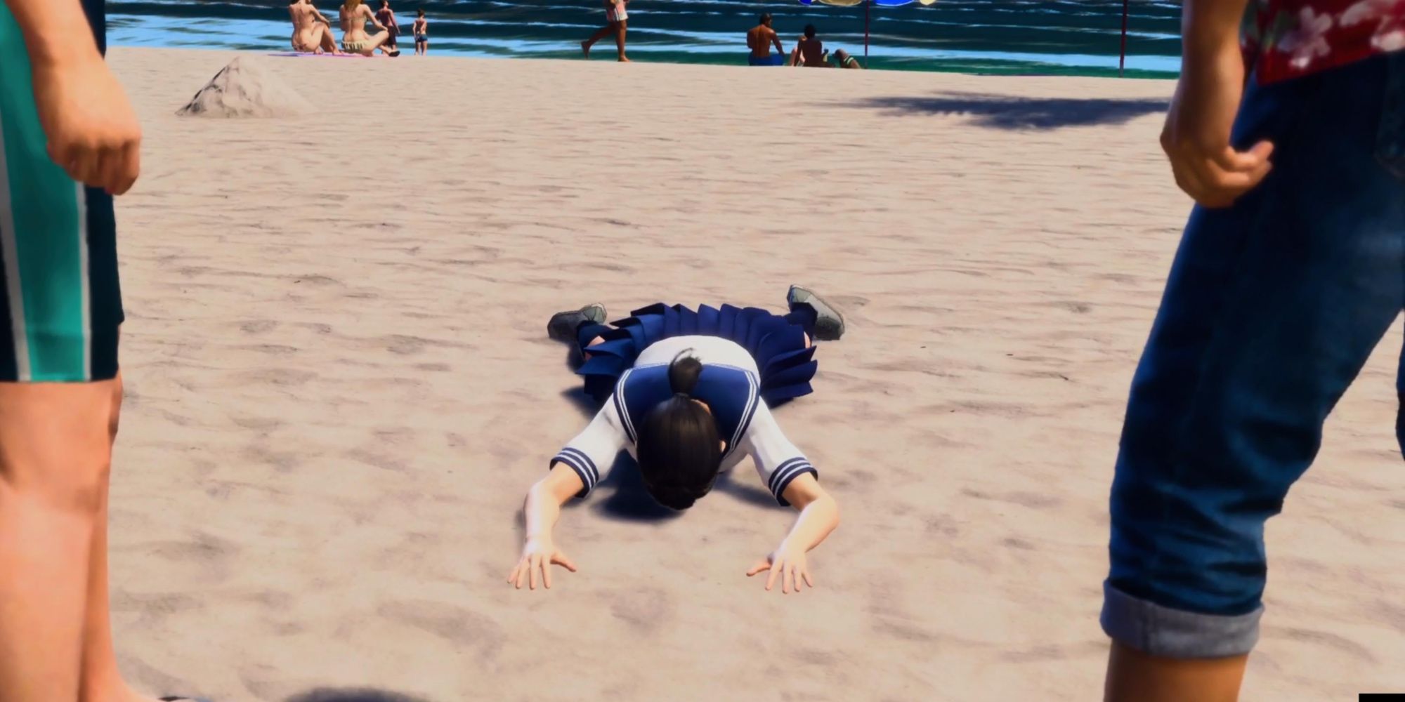 Hamabe falling on the sand in Infinite Wealth