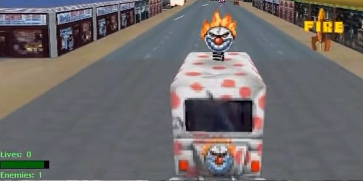 sweet tooth driving down a street in twisted metal 2