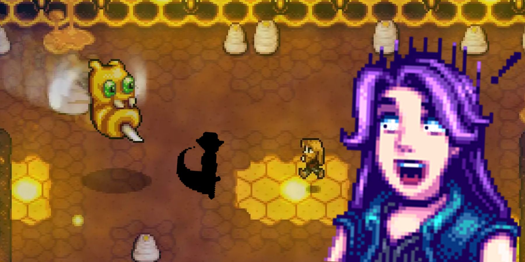 Abigail looks shocked as the player from Haunted Chocolatier and a shadowy figure battle against a giat bee.