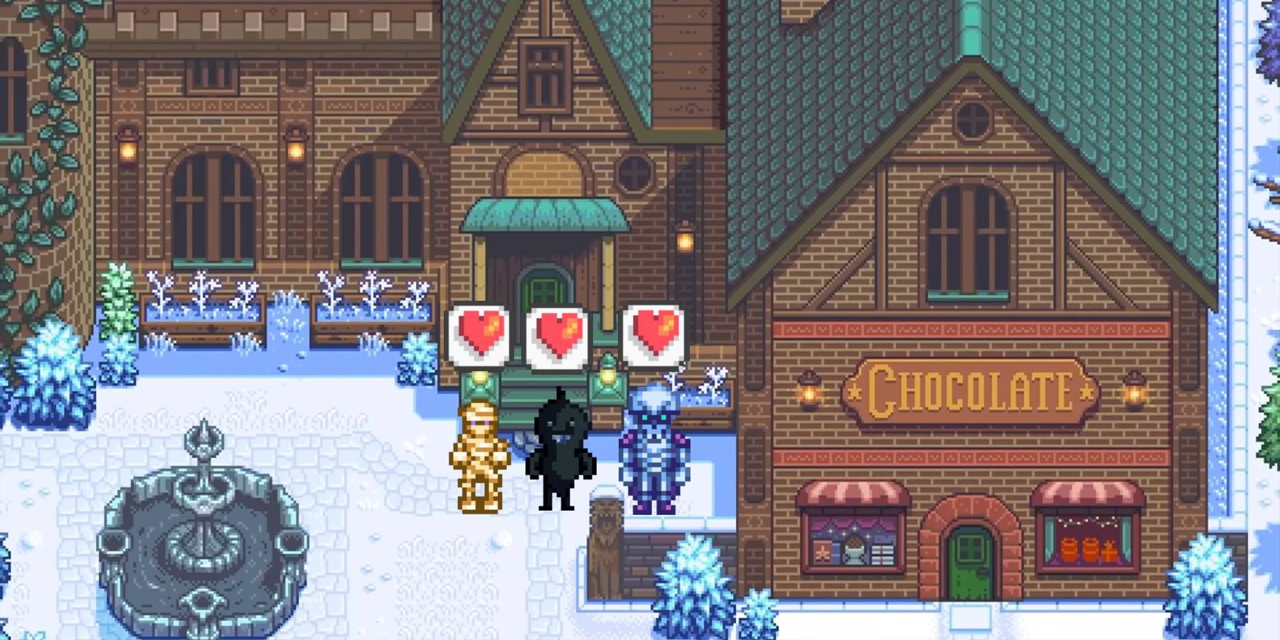 A Mummy, Shadow Brute, and Skeleton Mage from Stardew Valley with hearts over their heads in front of Haunted Chocolatier's shop