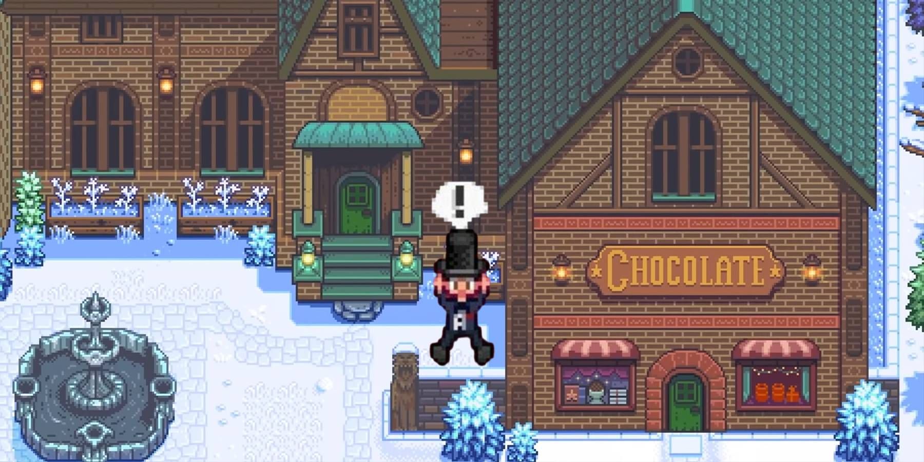 Player character looking surprised in front of the chocolate shop from Haunted Chocolatier