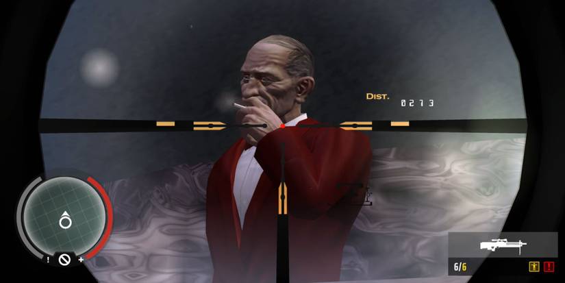 47 aiming a sniper rifle and looking at a target through the scope