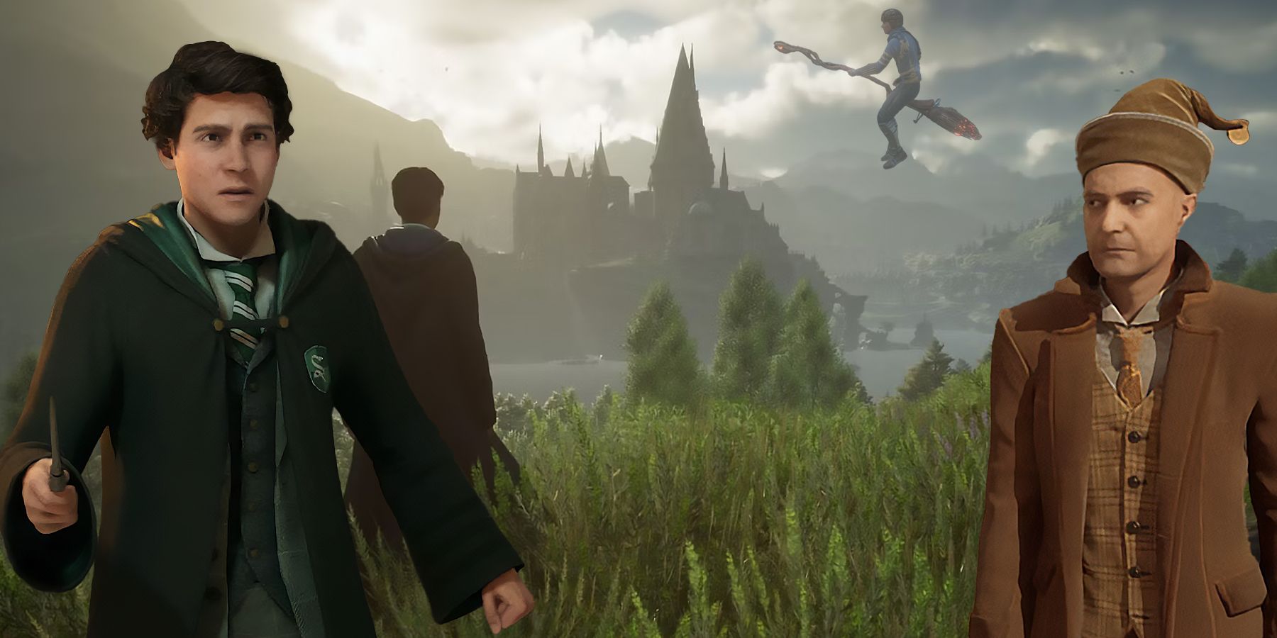 Sebastian, the player character, a student flying a broom, and an NPC in Hogwarts Legacy