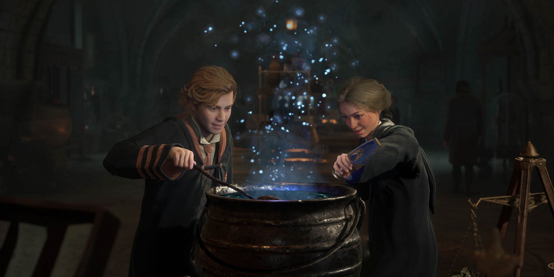 Hogwarts Legacy characters brewing a potion