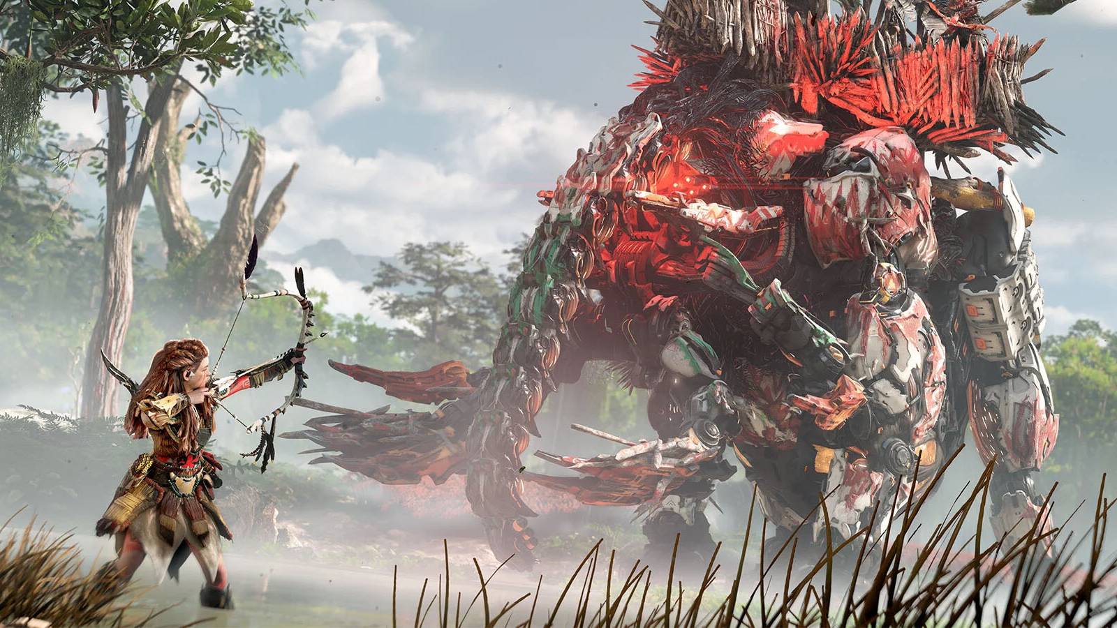 A screenshot of Aloy aiming her bow at a massive Tremortusk in Horizon Forbidden West Complete Edition.