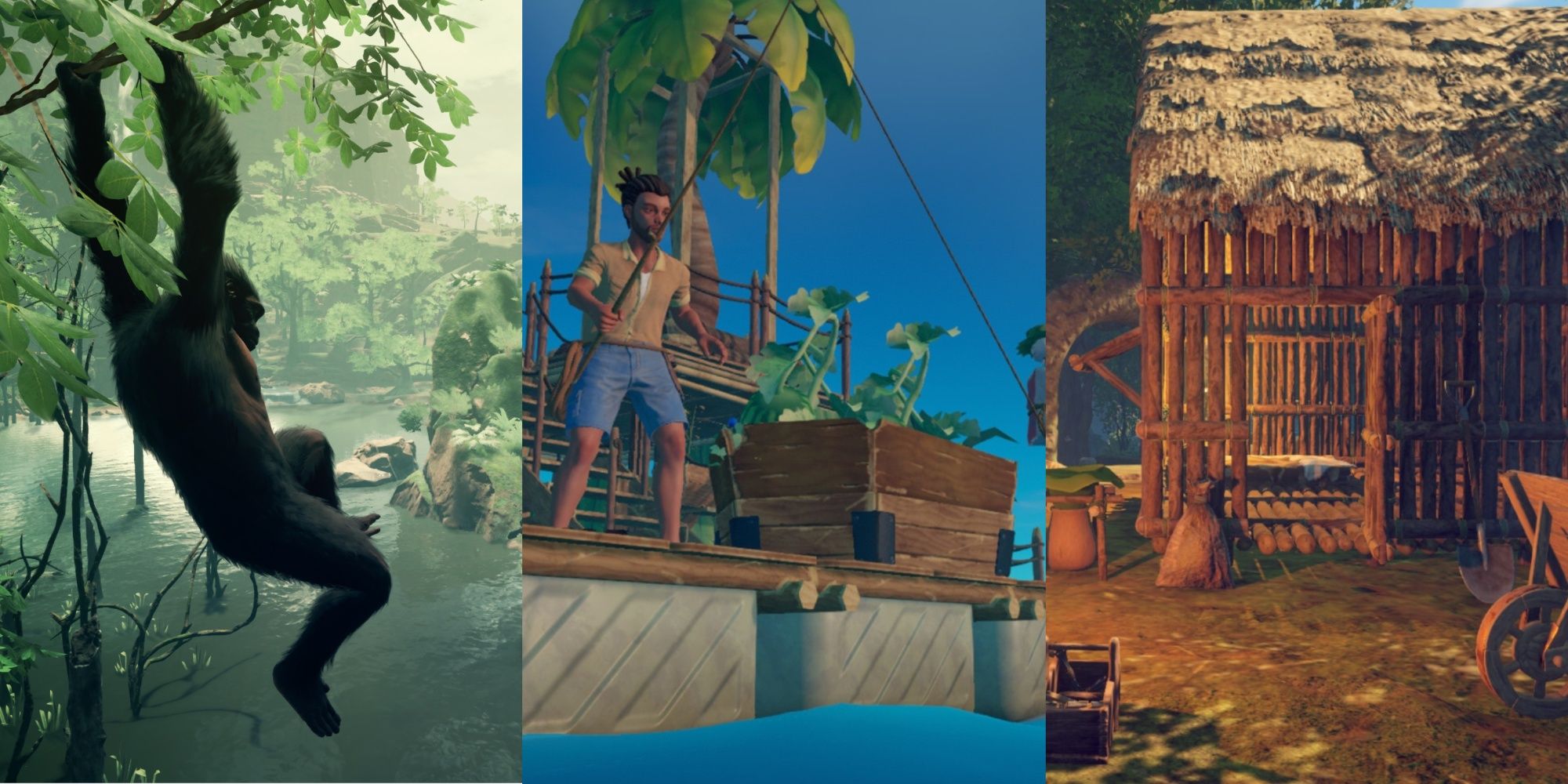 A trisplit of a monkey from Ancestors: The Humankind Odyssey, the player fishing in Raft and a base in Survival: Fountain Of Youth