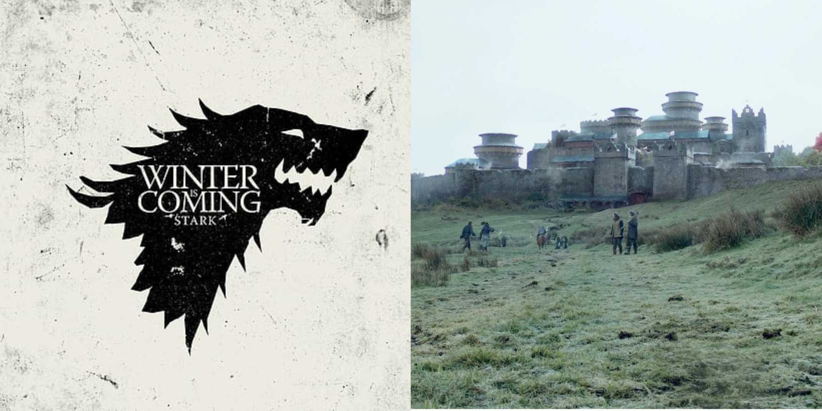 The House Stark sigil with the words "Winter is Coming" next to a picture of the castle Winterfell