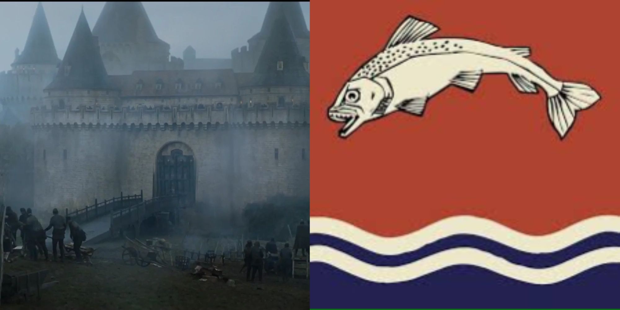 Riverrun Castle next to the sigil of House Tully