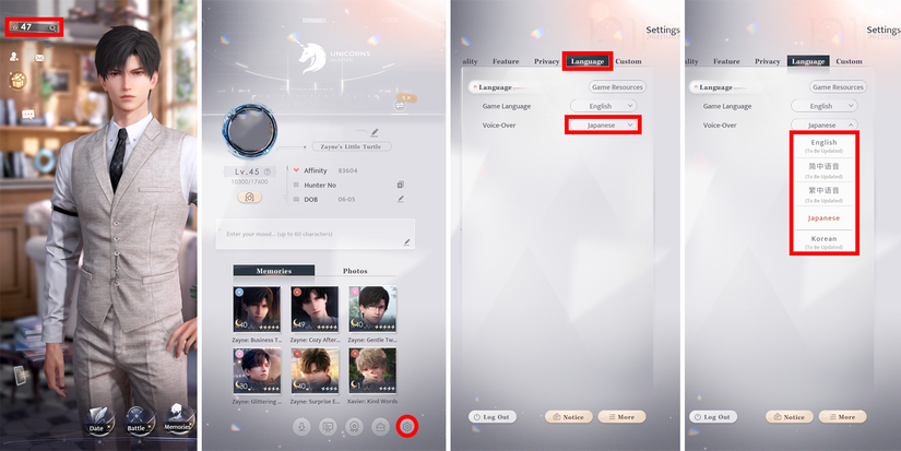 how to change voice-over language in love and deepspace