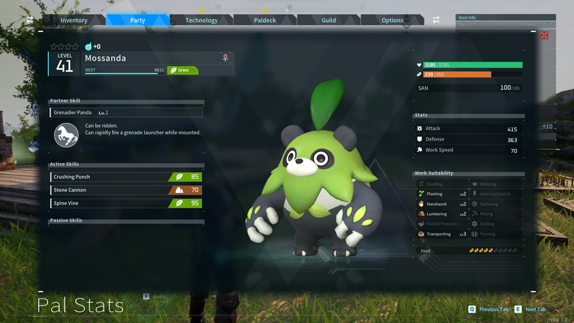 Mossanda in Palworld's party inspect screen