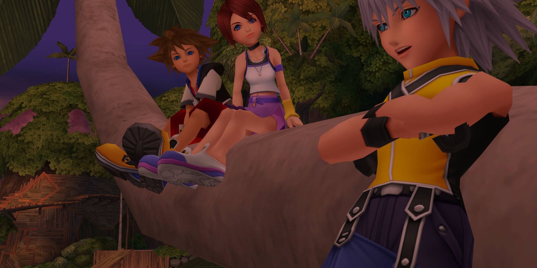 Personagens de Kingdom Hearts sentados em um galho enquanto outro se apoia nele