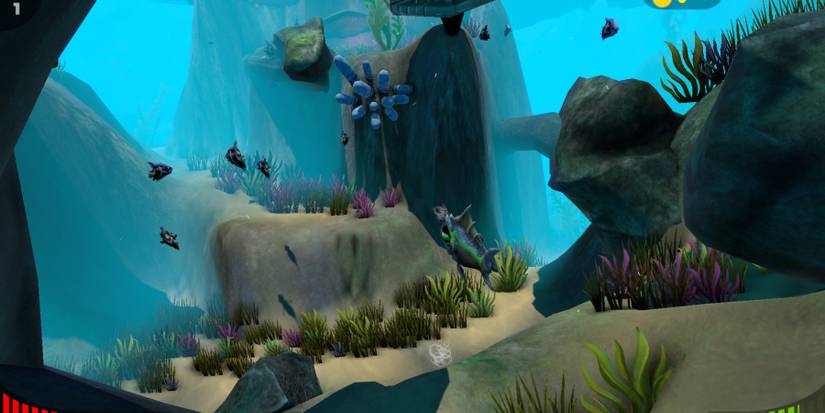 An underwater scene including fish and coral