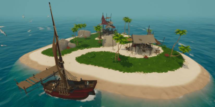 An island settlement with a pirate ship in the dock