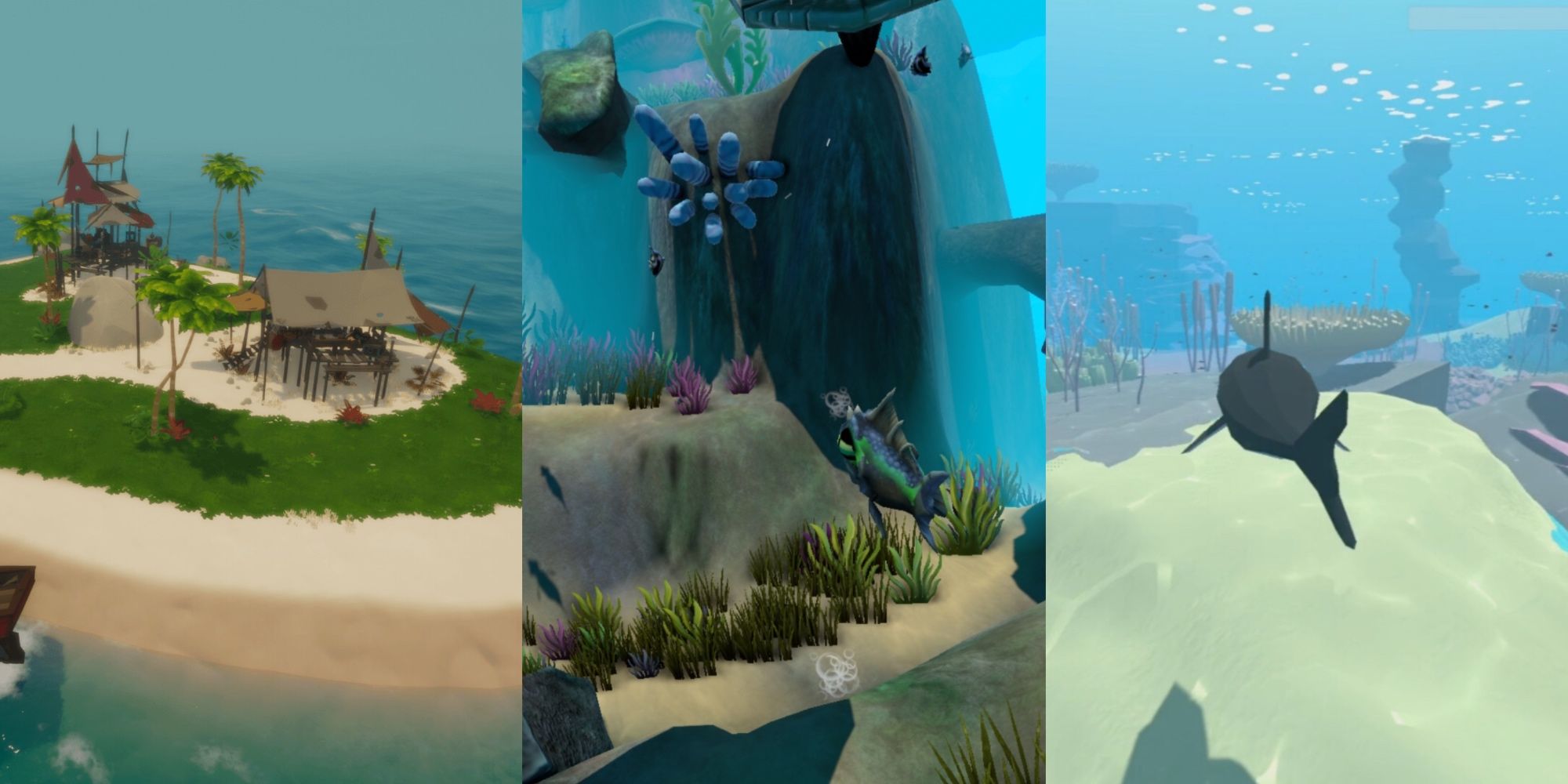 A trisplit of a base in Captain Bones: A Pirate’s Jouney, the sea in Feed And Grow: Fish and the shark in Harmonic Depths