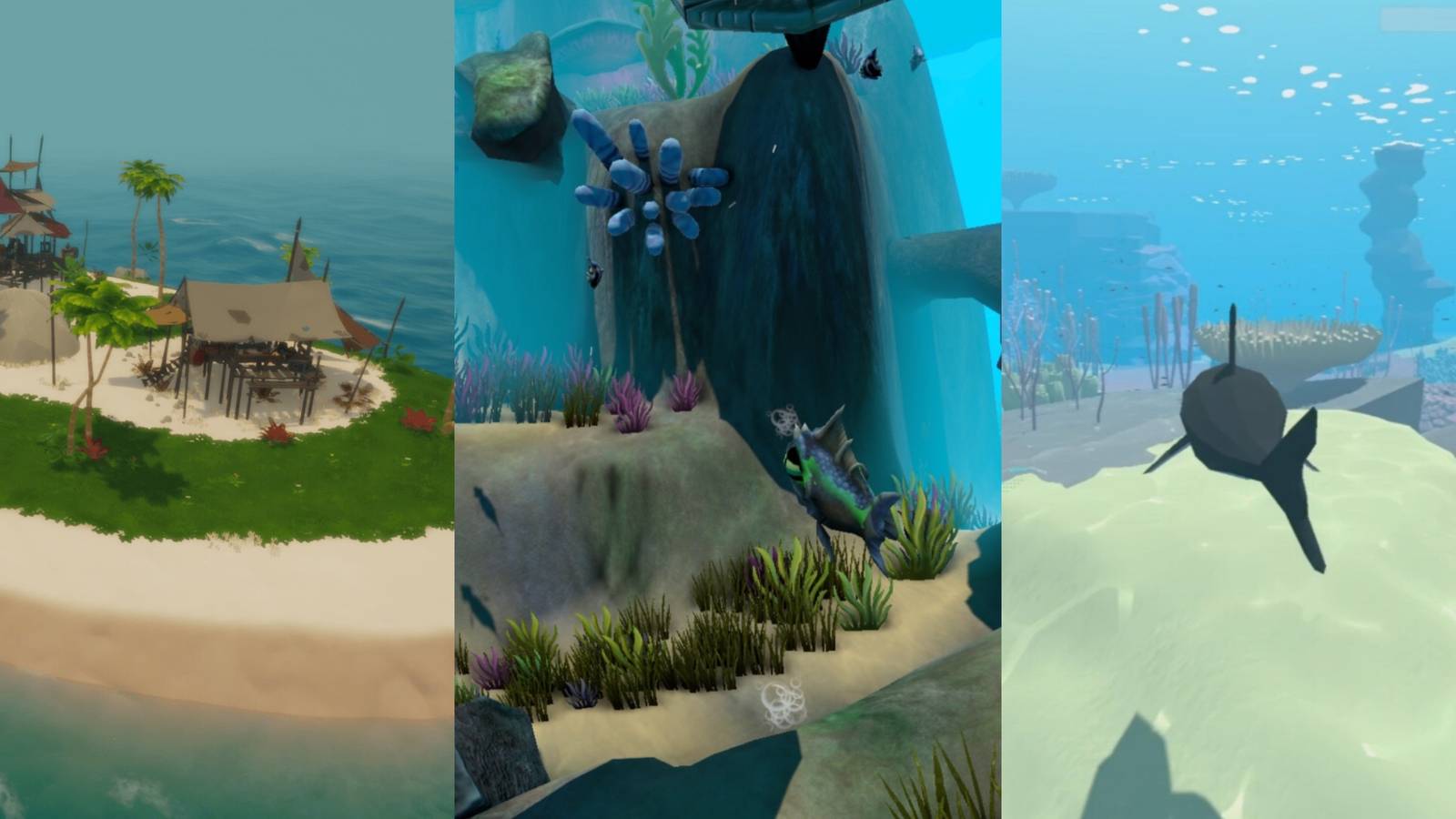 A trisplit of a base in Captain Bones: A Pirate’s Jouney, the sea in Feed And Grow: Fish and the shark in Harmonic Depths