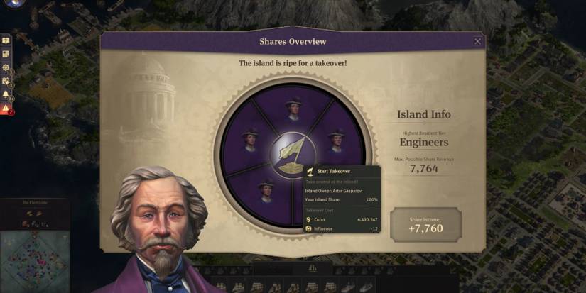 A screen showing that the player has so many shares in an island that they can take over