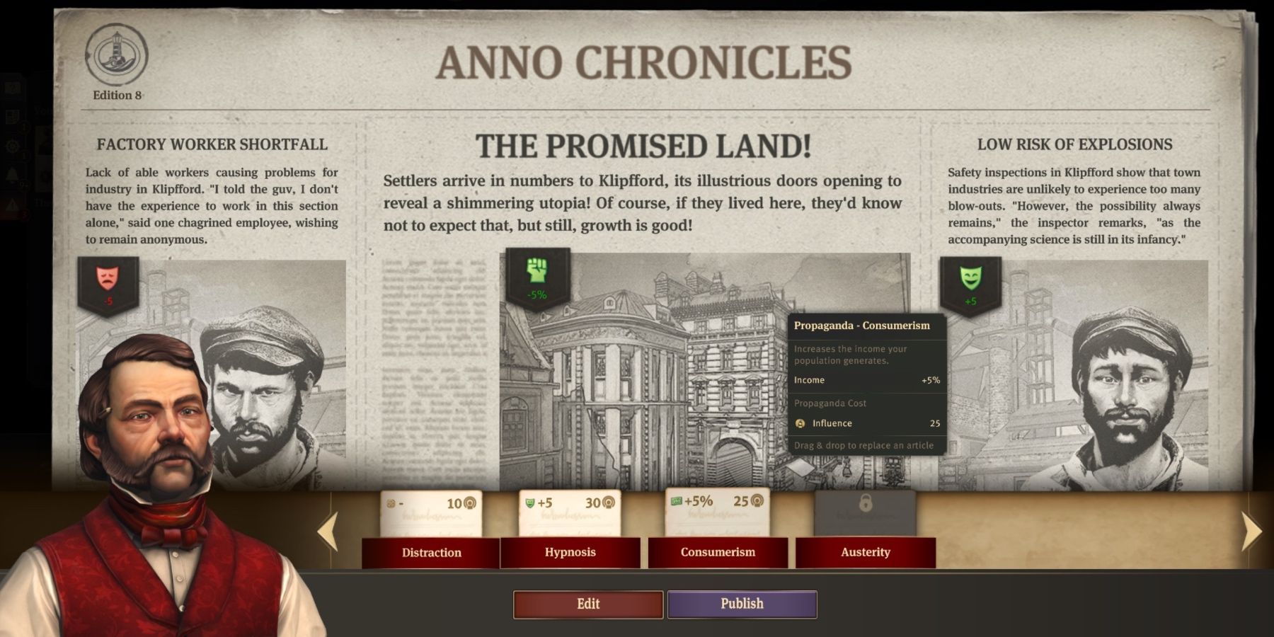 A newspaper called the Anno Chronicles which shows several articles and their effects on the citizens