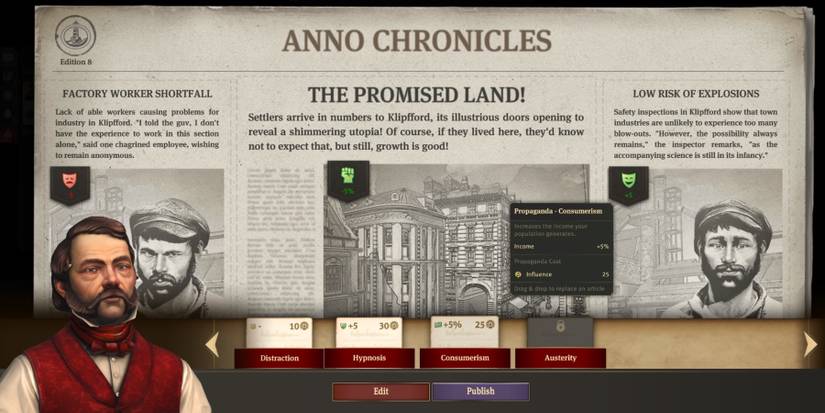 A newspaper called the Anno Chronicles which shows several articles and their effects on the citizens