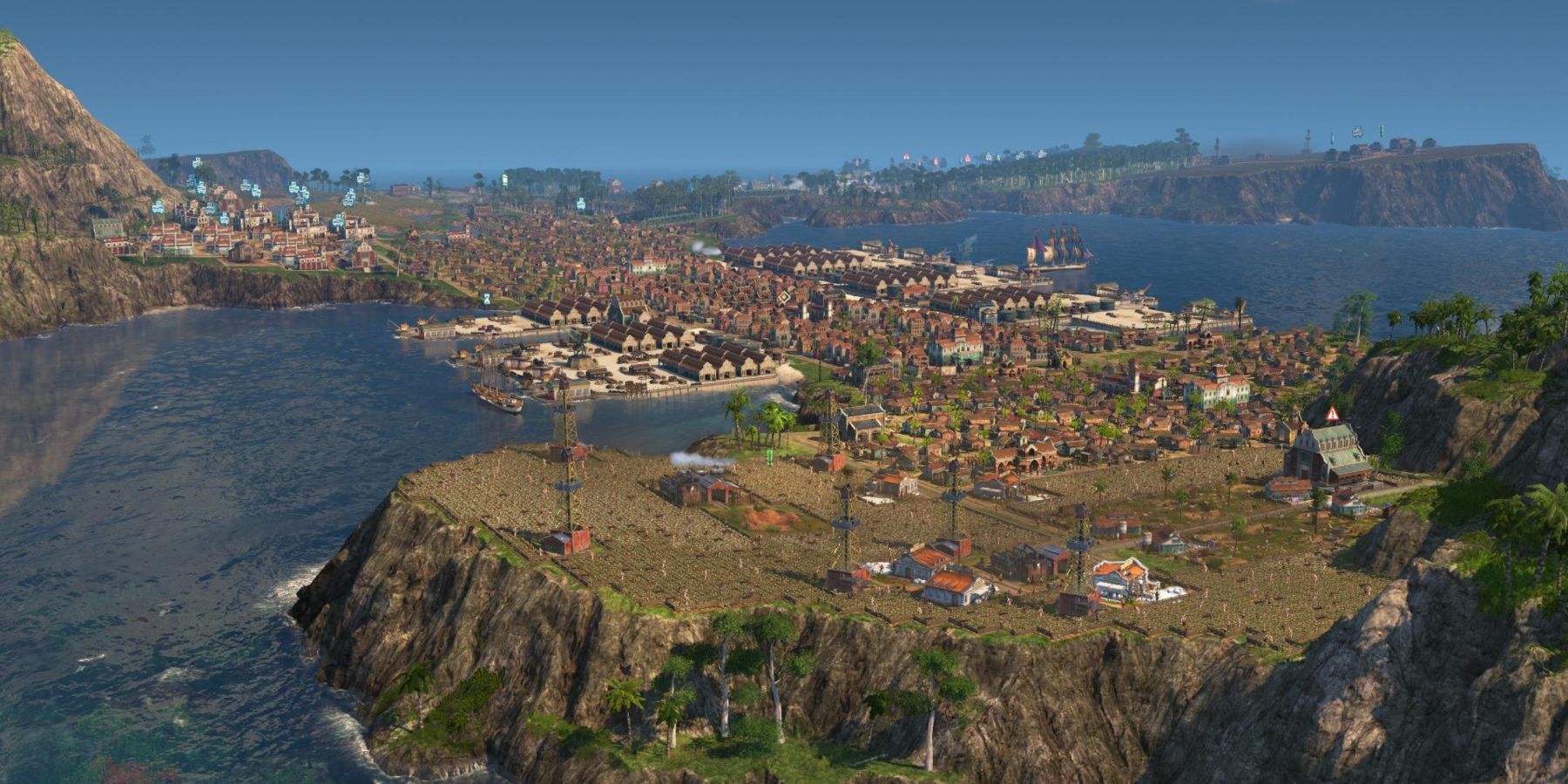 A city stretching across multiple islands in Anno 1800