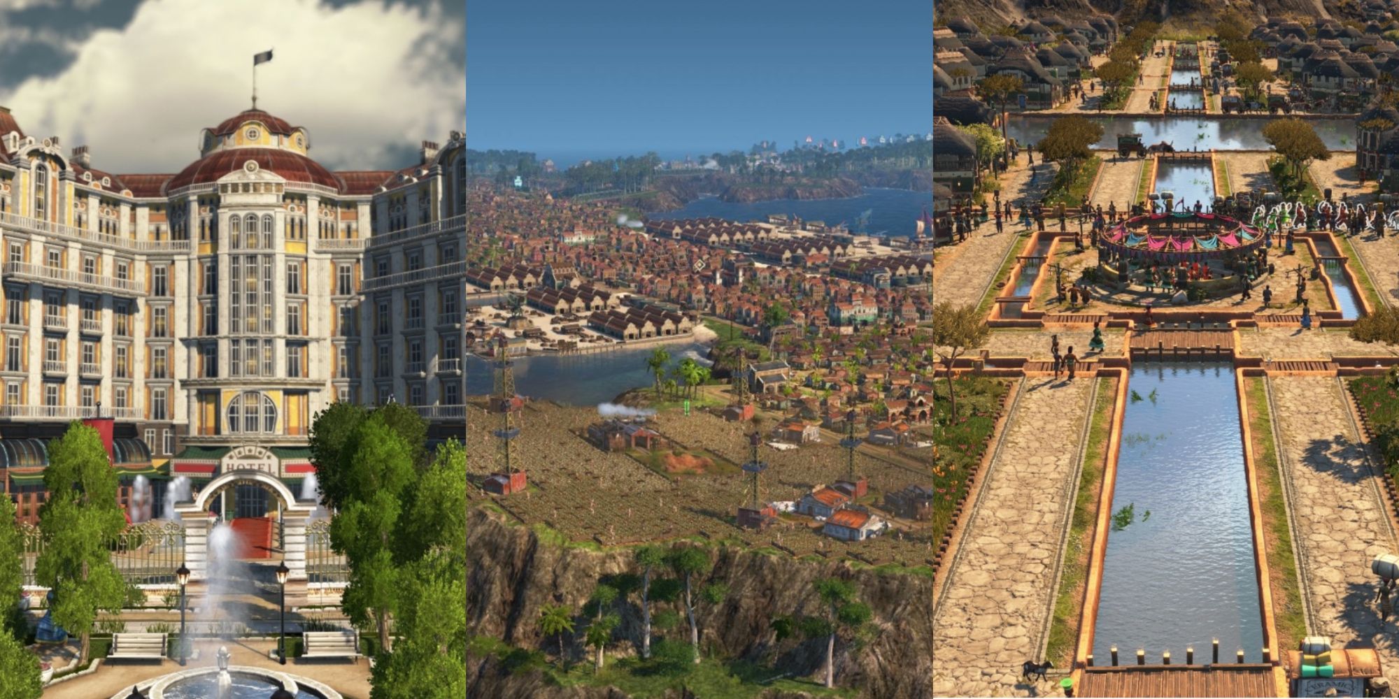 A trisplit of a beautiful building, a multi island city and a city in Enbesa in Anno 1800