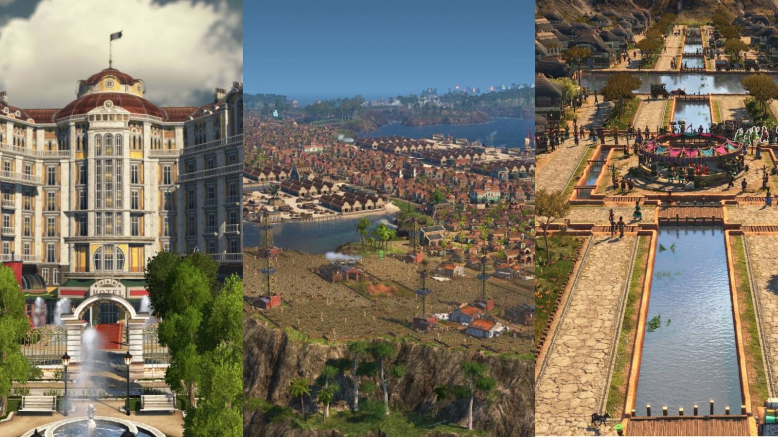 A trisplit of a beautiful building, a multi island city and a city in Enbesa in Anno 1800