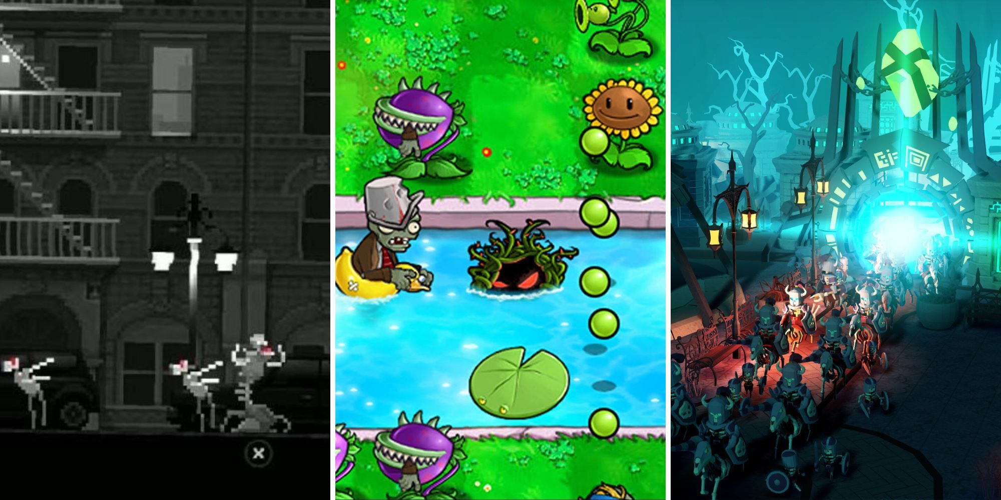 A grid showing the zombie strategy games Zombie Night Terror, Plants vs. Zombies, and Undead Horde 2: Necropolis