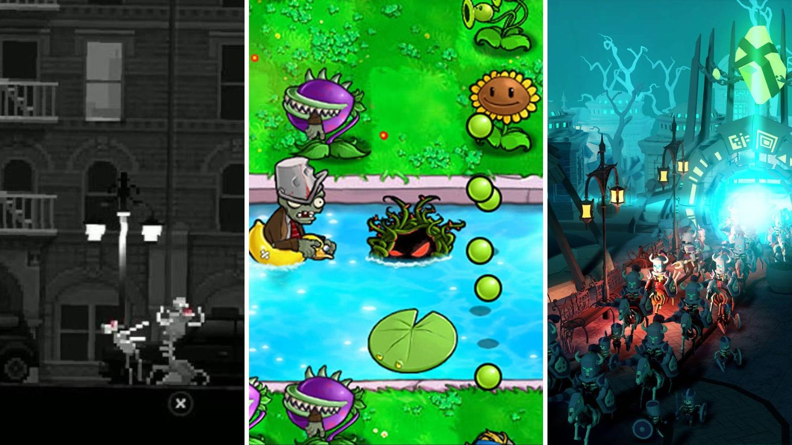 A grid showing the zombie strategy games Zombie Night Terror, Plants vs. Zombies, and Undead Horde 2: Necropolis