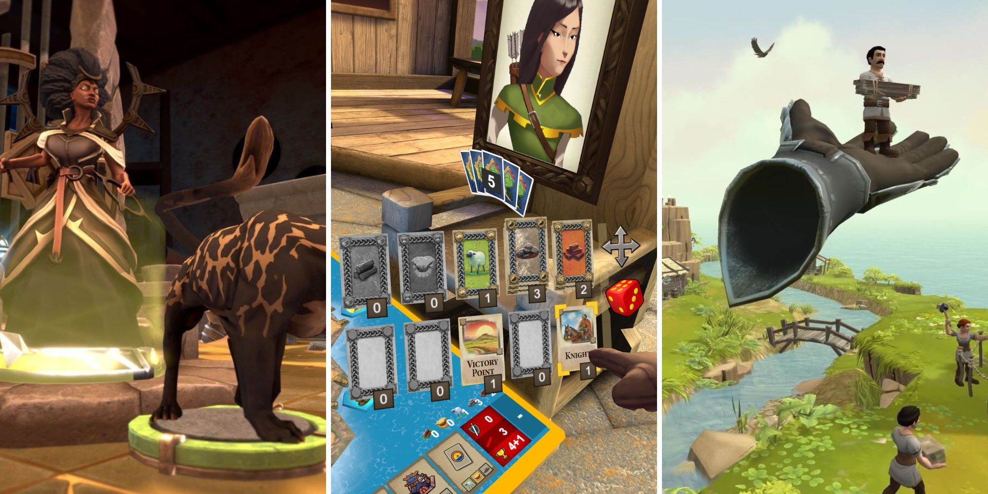 A grid of the strategy games Demeo, Catan VR, and Townsmen VR