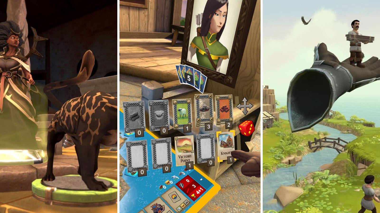 A grid of the strategy games Demeo, Catan VR, and Townsmen VR