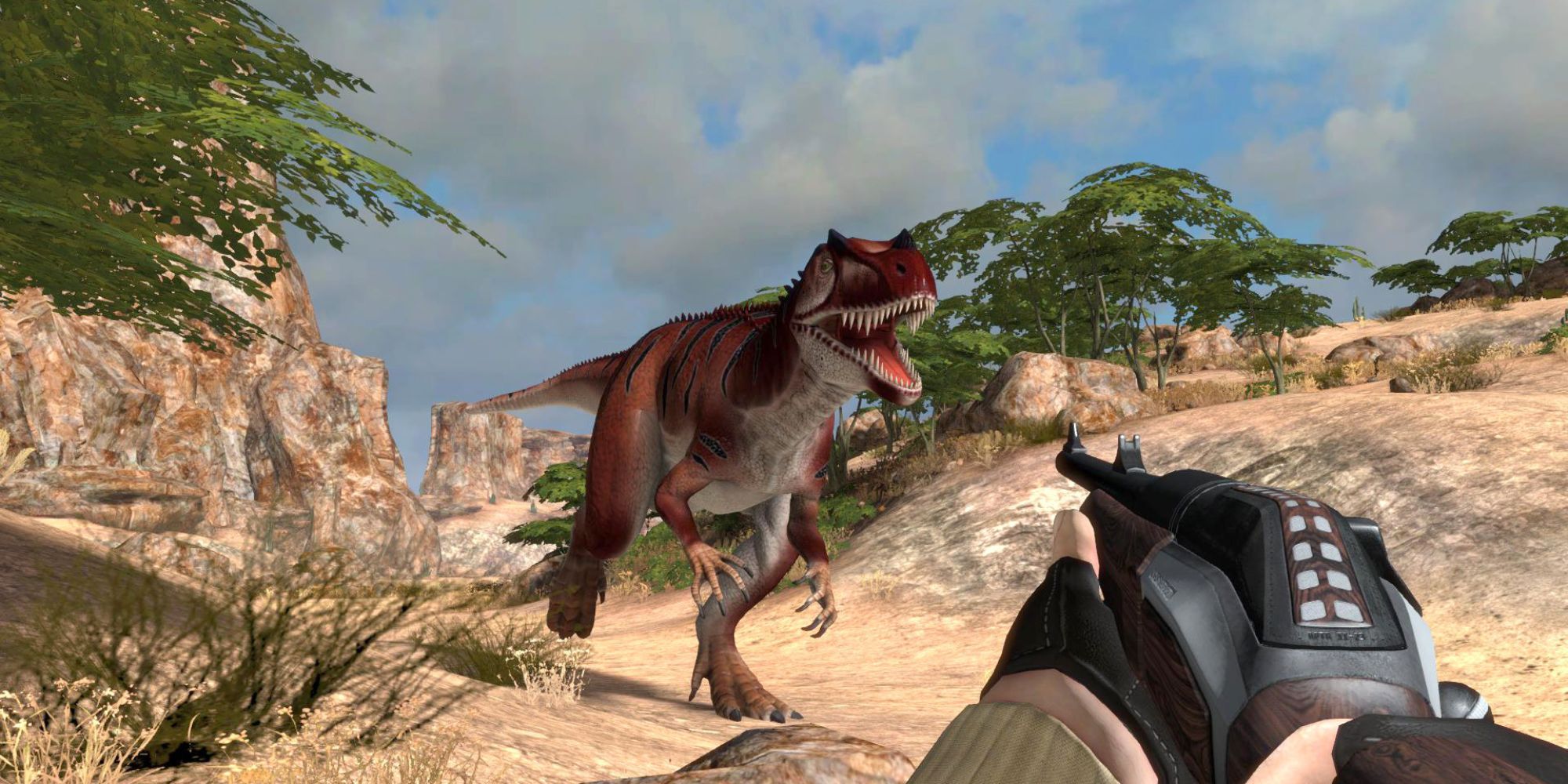 A player aiming at a dinosaur in Carnivores: Dinosaur Hunt