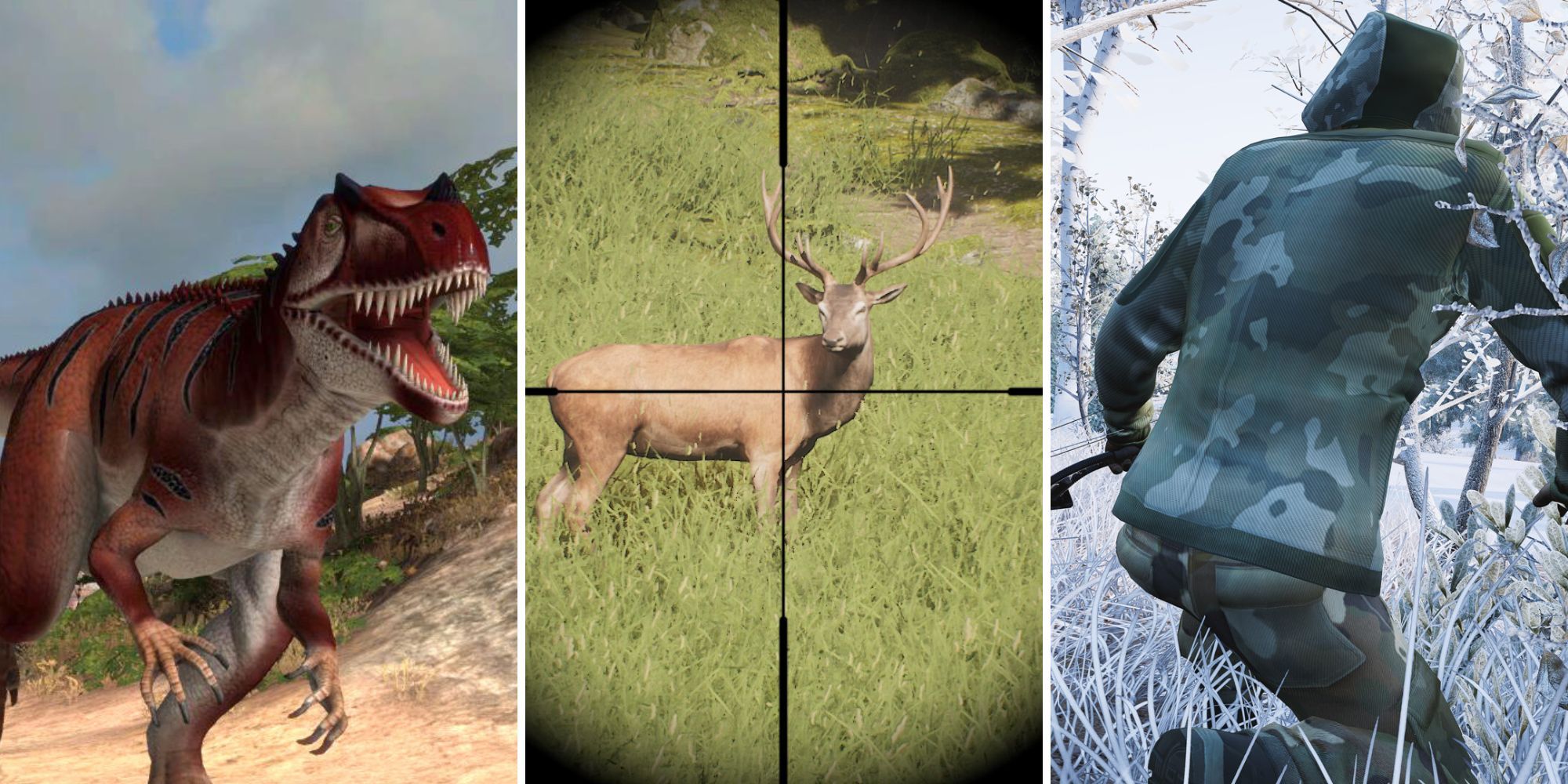 A grid showing the open-world hunting games Carnivores: Dinosaur Hunt, Project Hunt, and Hunting Simulator