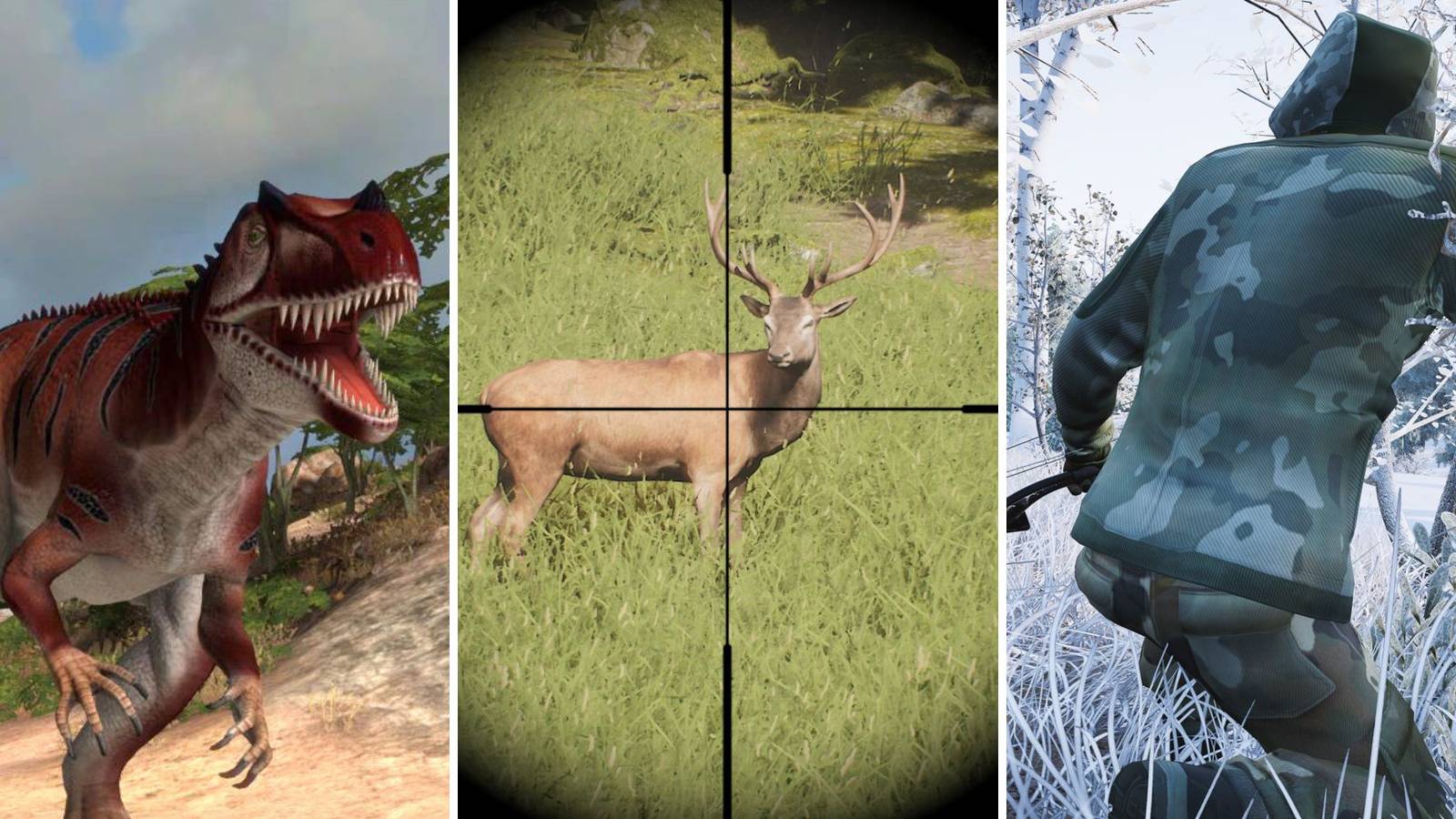 A grid showing the open-world hunting games Carnivores: Dinosaur Hunt, Project Hunt, and Hunting Simulator