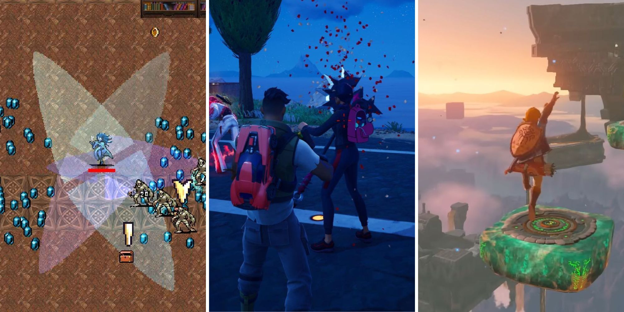 A grid of the games Vampire Survivors, Fortnite, and The Legend of Zelda: Tears of the Kingdom