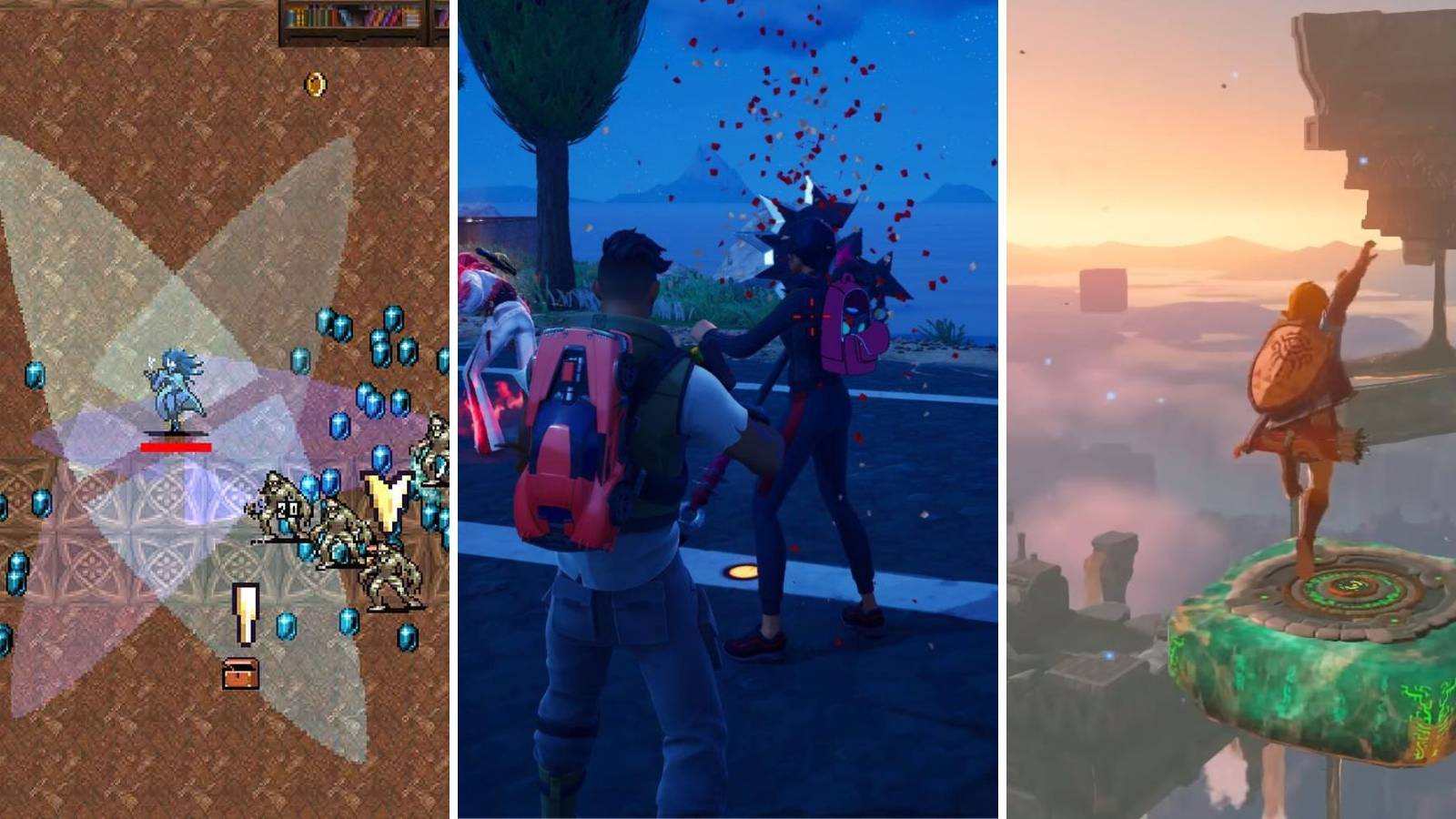 A grid of the games Vampire Survivors, Fortnite, and The Legend of Zelda: Tears of the Kingdom