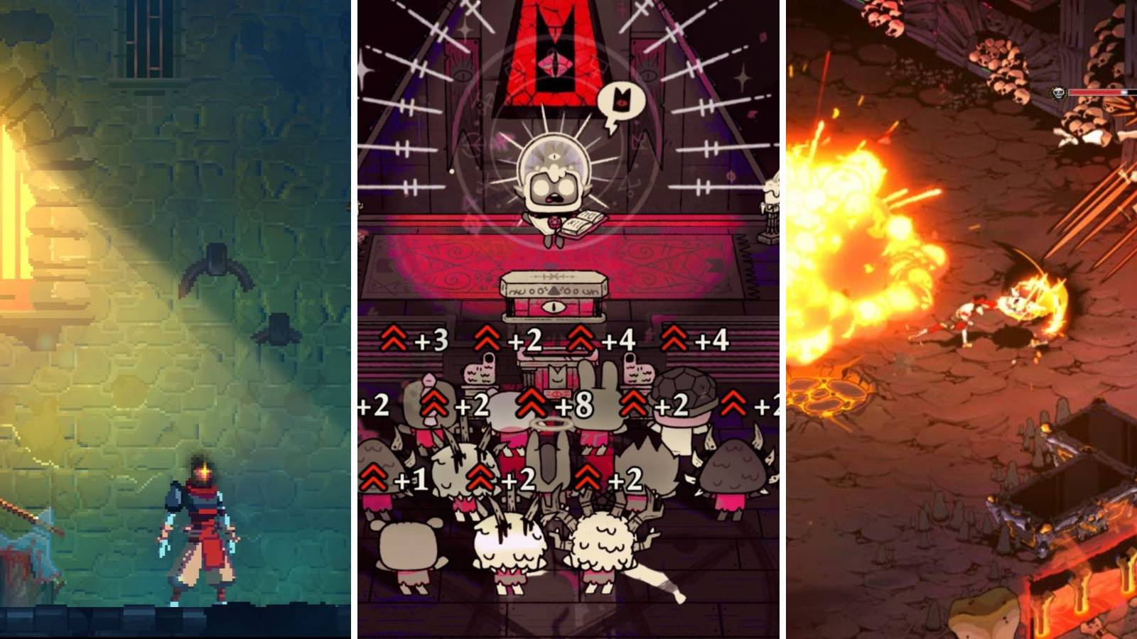 A grid showing the roguelike games Dead Cells, Cult of the Lamb, and Hades