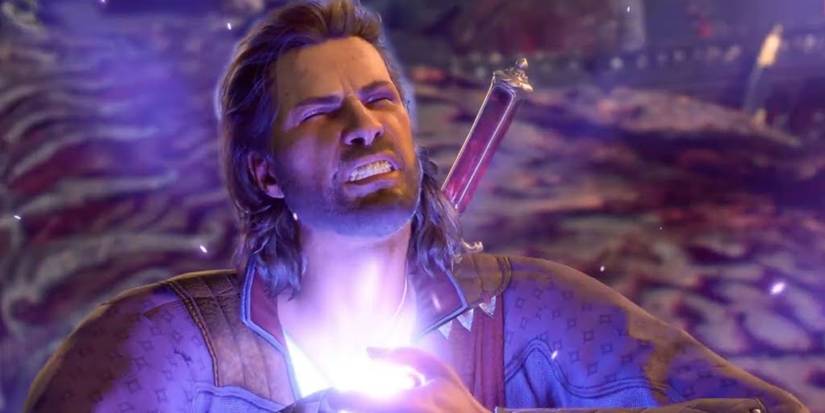 Gale, glowing purple, is stabbing himself in the chest and clearly in pain