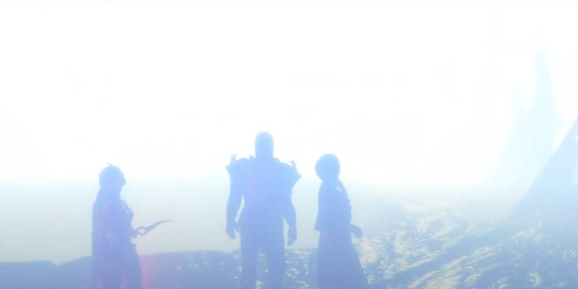 The 3 Chosen from Baldur's Gate 3 stand in front of the blinding white light caused by Gale activating the orb to kill them