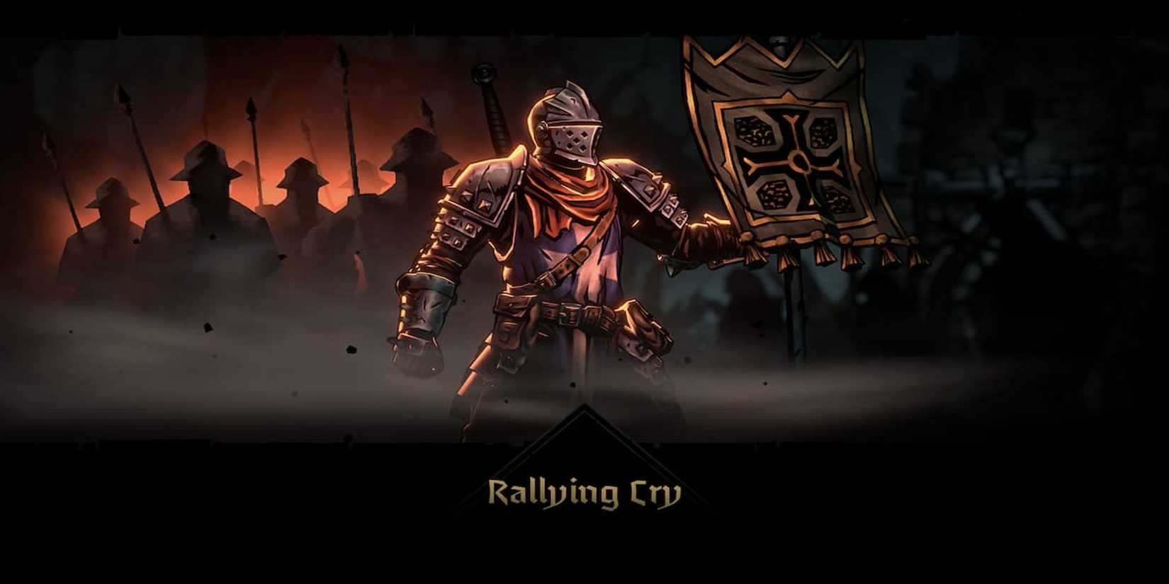 The Crusader Holds A Banner High. The silhouettes of soldiers can be seen in the background